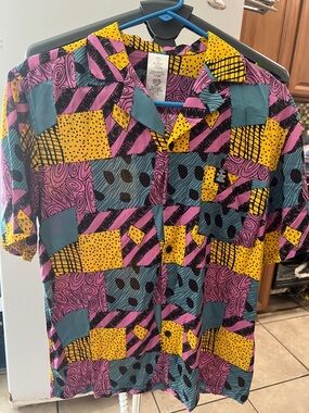 Sally NBC Men's Short Sleeve Patchwork Print Shirt - Teal, Yellow & Purple